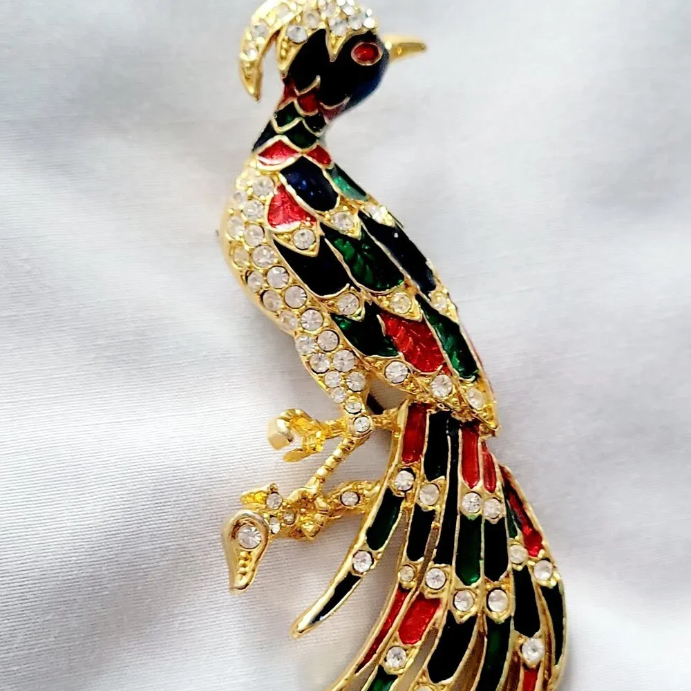 Vintage 1980s Peacock Bird Brooch Gold Tone Enamel Rhinestone Statement Pin - Picture 5 of 5